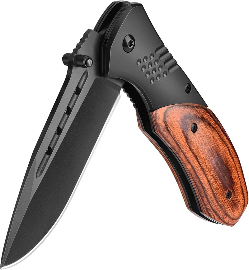 KEXMO Pocket Knife for Men - 2.98" Sharp Blade Wood Handle Pocket Folding Knives with Clip, Glass Breaker - Small EDC Knives for Survival Camping Hunting Fishing Hiking Women, Black - Image 1
